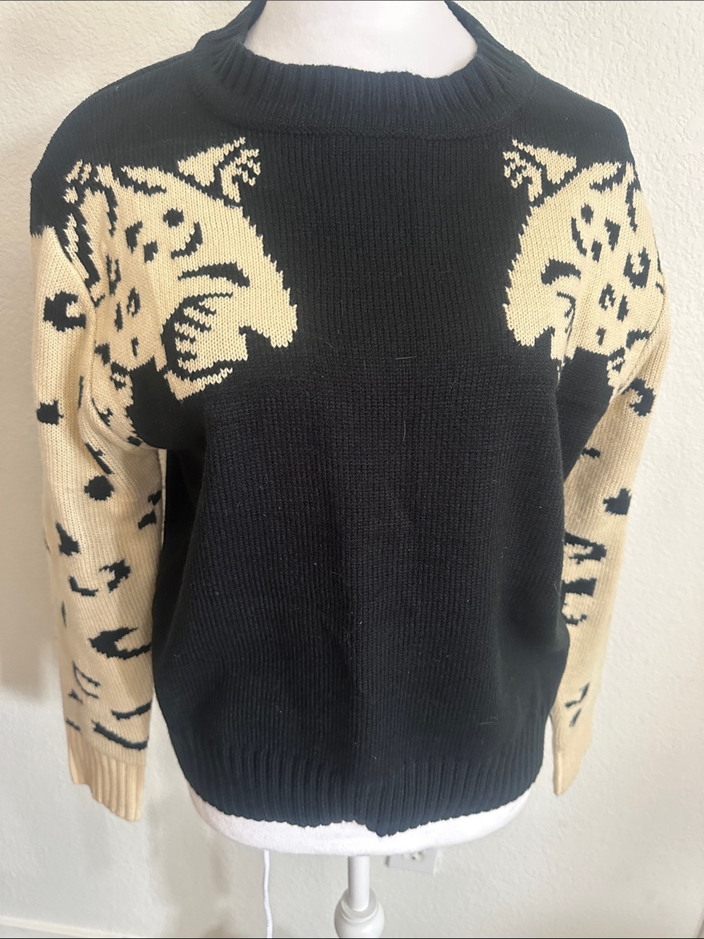 Women's Black Sweater with Cream Leopard Motif